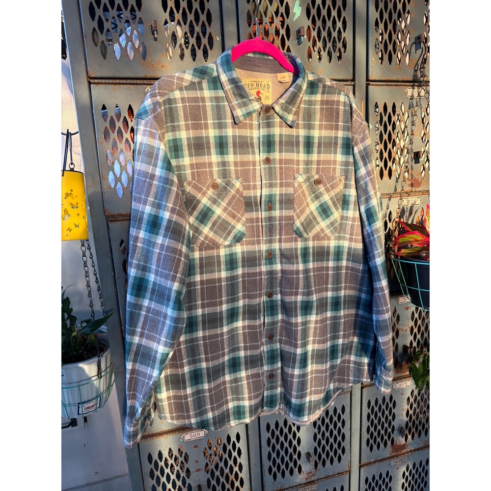 Red Head Brand Co Mens Teal Grey Plaid Lined Flannel Shirt Large Button Down